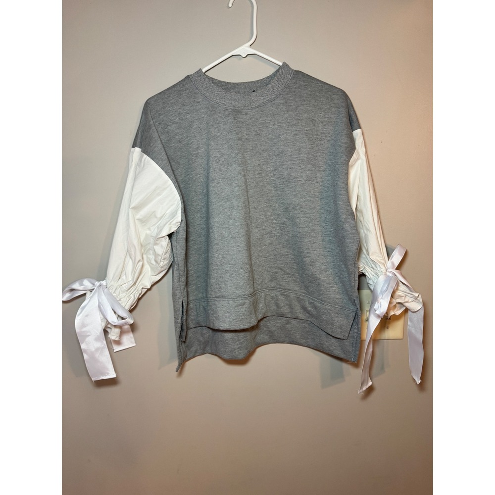 Alpha Omega Grey Mixed Media Sweatshirt White Poplin Tie Sleeve Top Medium